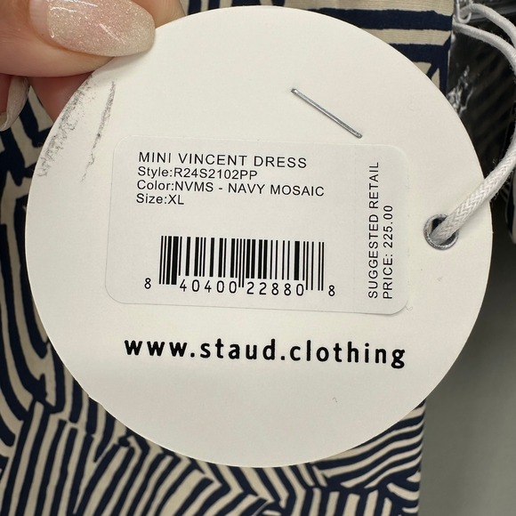 STAUD‎ Vincent Mini Dress Navy Tan Mosaic Puff Sleeve Button Front Womens XL NWT - Picture 10 of 12